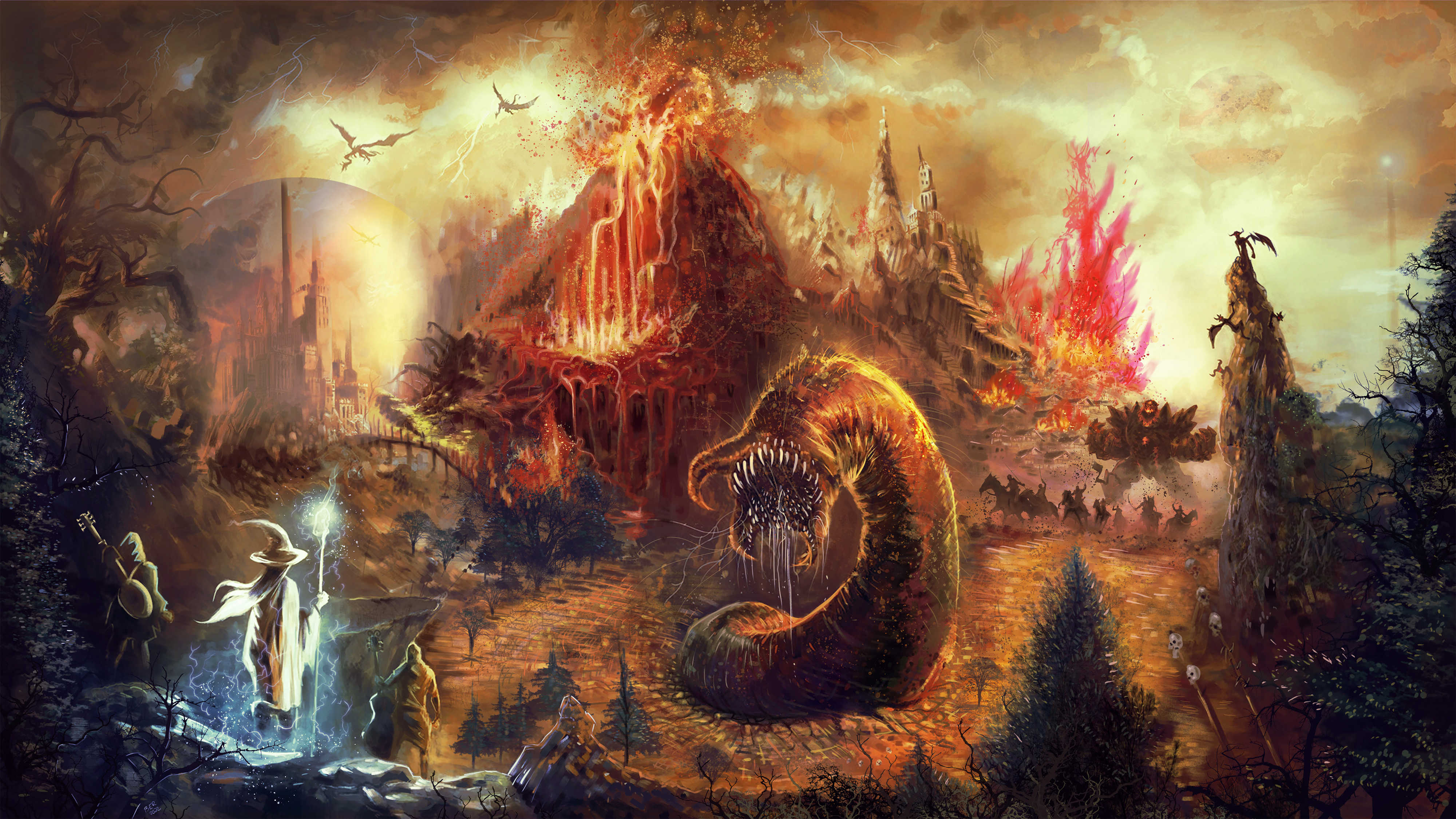 Fantasy battlefield with an erupting volcano, dragons and a wizard